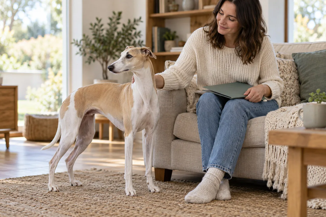 Owner seated with a slender dog beside an armchair at home